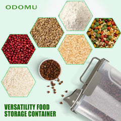 ODOMU large pour spout eases dispensing of large-particle foods.