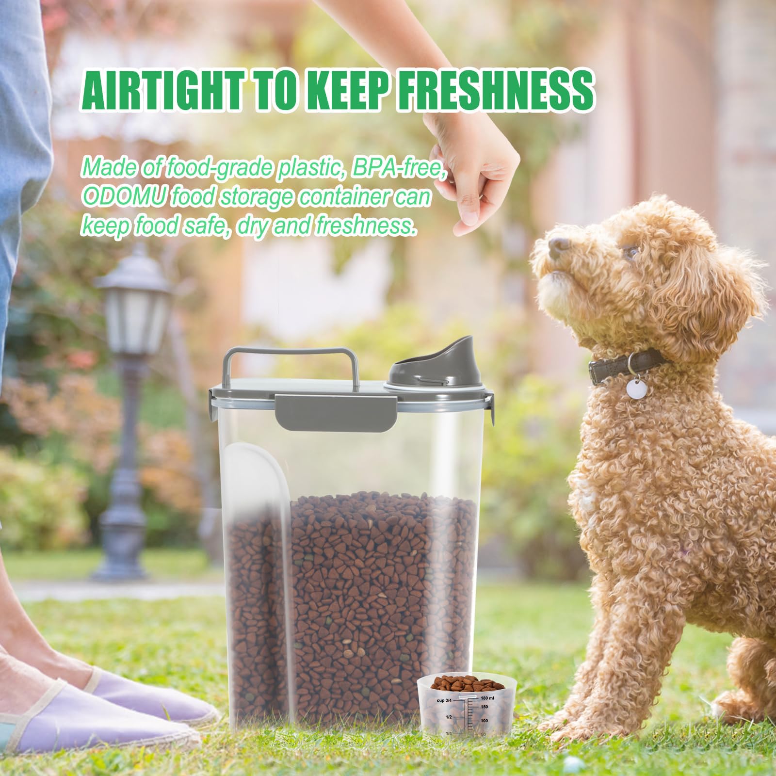 ODOMU travel-friendly pet food container for trips and adventures.