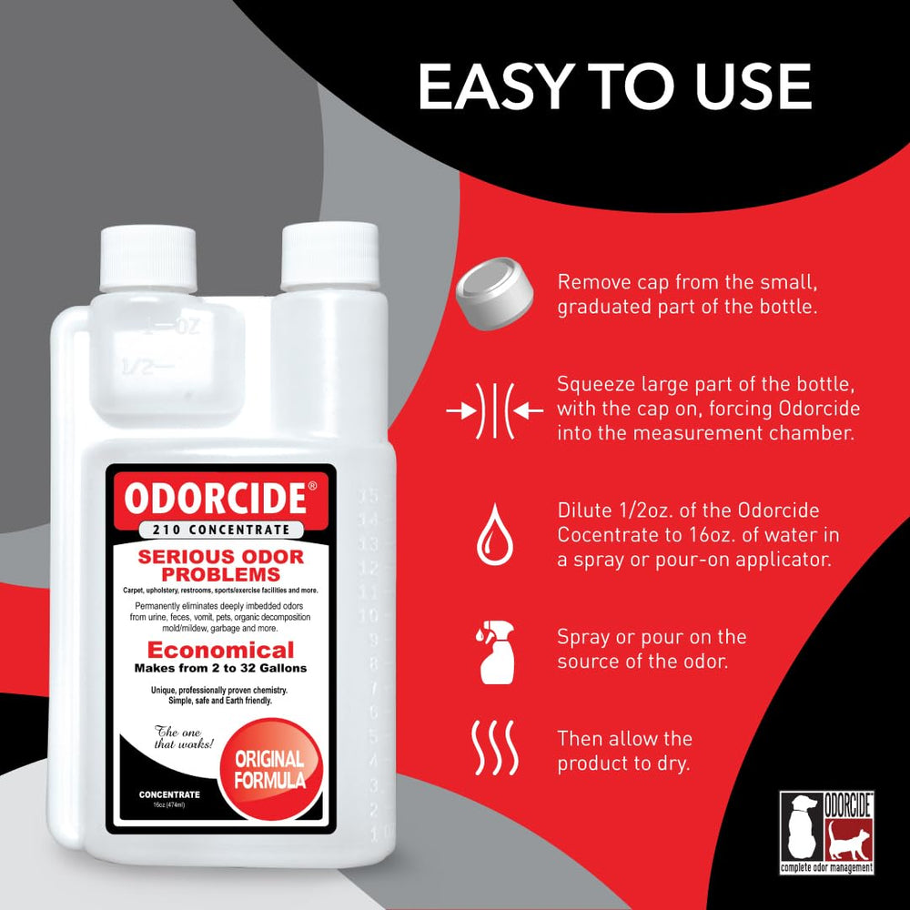 Dilution process of Odorcide 210 concentrate to treat room-wide odors.