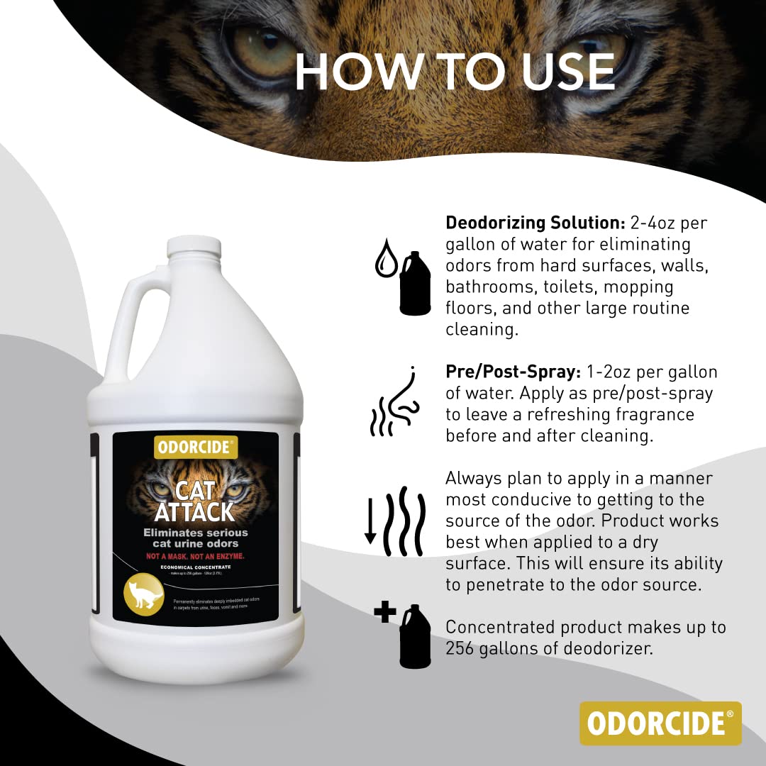 Odorcide Cat Attack dilution spray-application shows easy odor control on fabrics and floors.