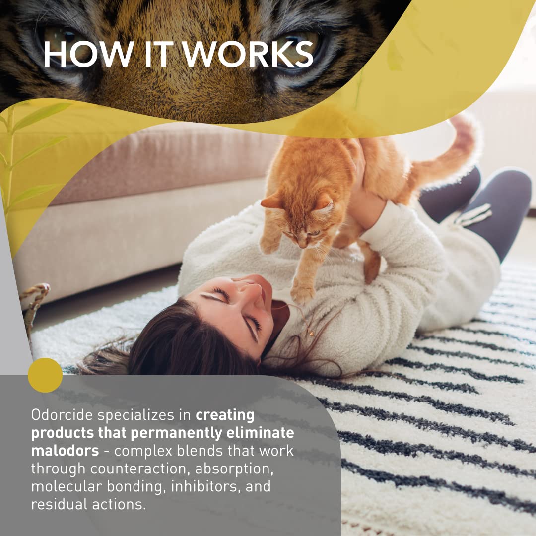 Odorcide Cat Attack hard-surface-spray captures surface-safe odor neutralization on tile and wood.