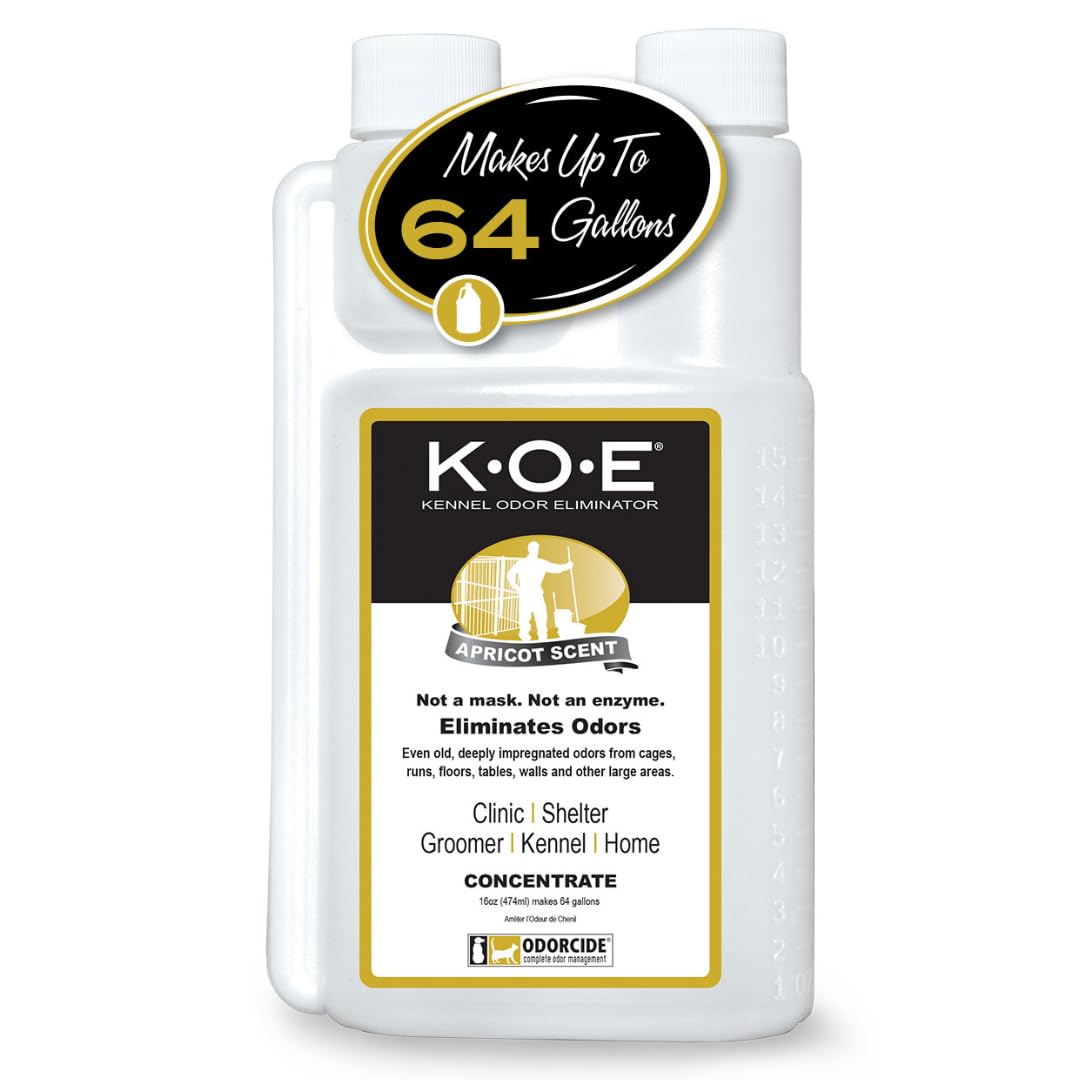 Odorcide K.O.E. Apricot bottle pour showing quick odor elimination in large spaces.