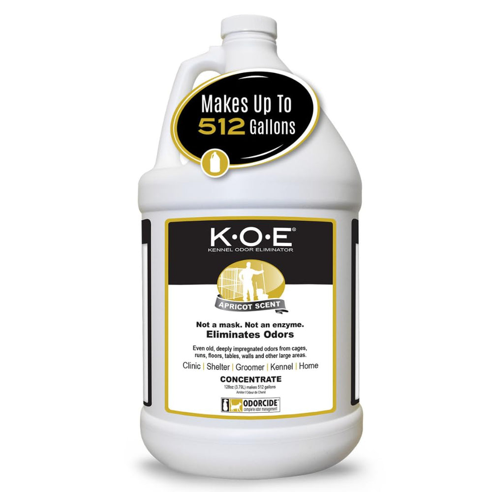Odorcide K.O.E. Apricot bottle demonstrates strong odor elimination for cages and runs.