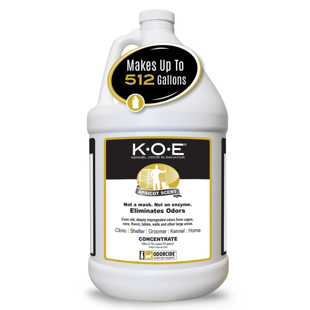Odorcide K.O.E. Apricot bottle demonstrates strong odor elimination for cages and runs.