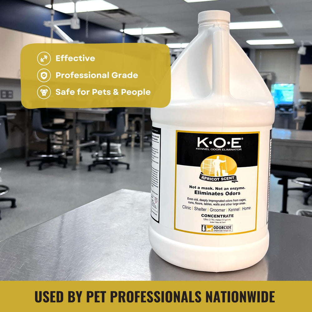 Odorcide K.O.E. Apricot dilution-water step illustrates flexible mixing for cleaning solutions.