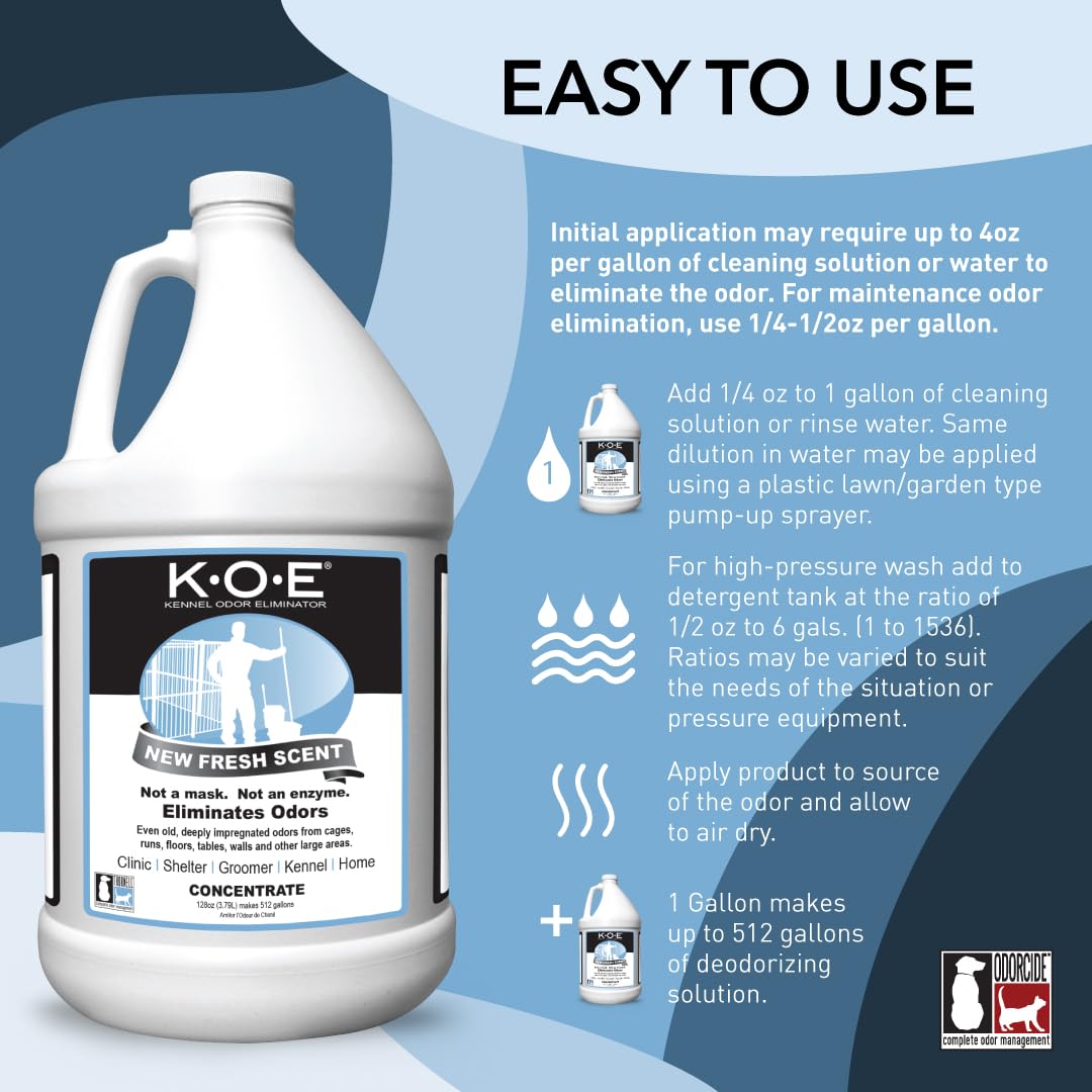 Odorcide K.O.E Fresh Scent applied to kennel area for odor control.