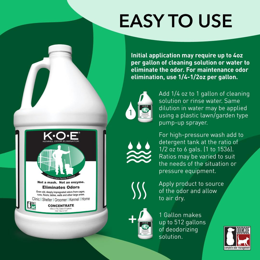 Odorcide K.O.E. odor eliminator dilution and use for easy, powerful odor control.