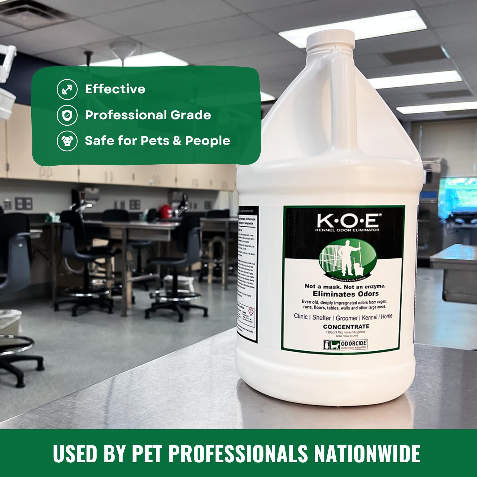 Odorcide K.O.E. handles strong odors in cages, runs, floors and more.