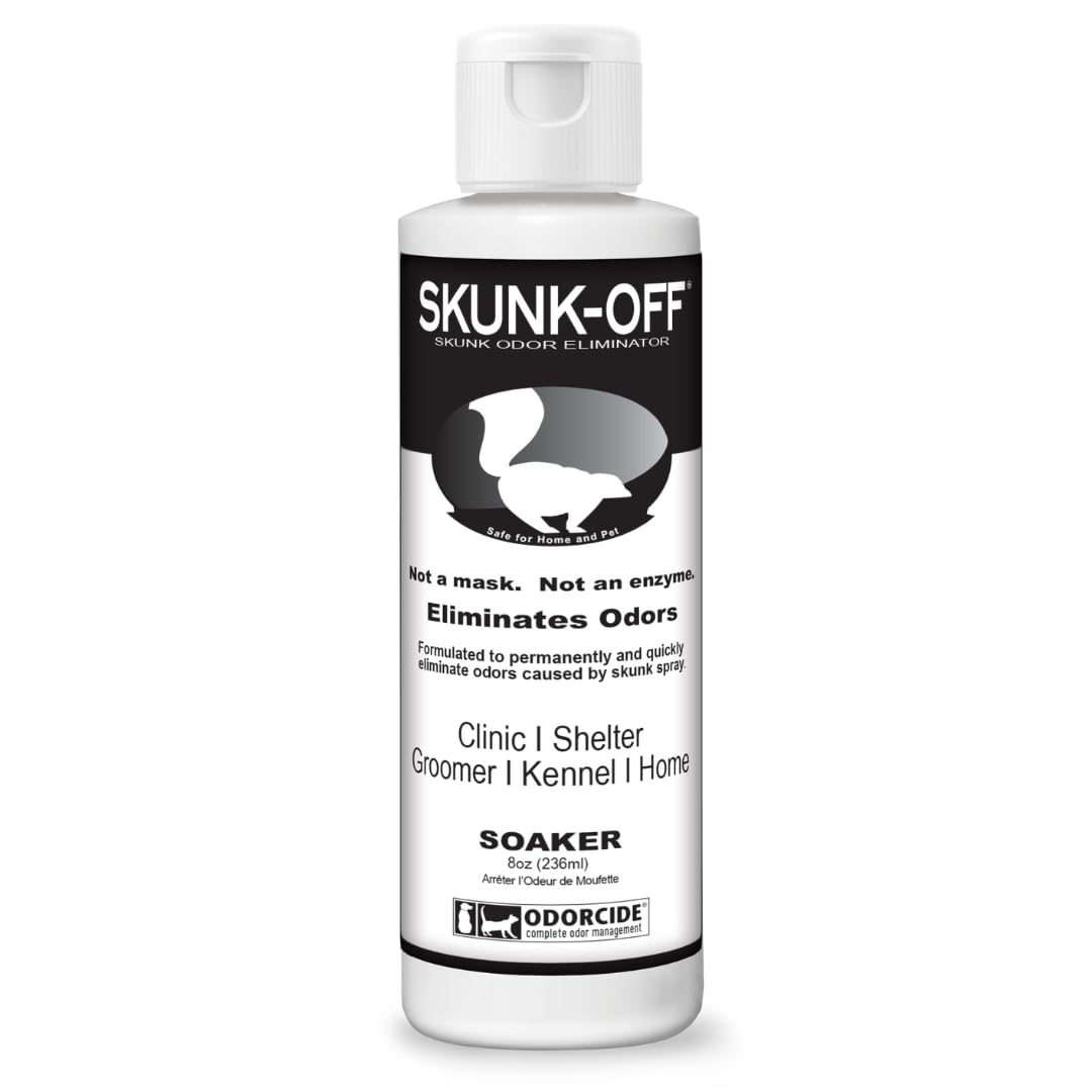 Odorcide Skunk Off bottle pour demonstrates quick odor treatment.
