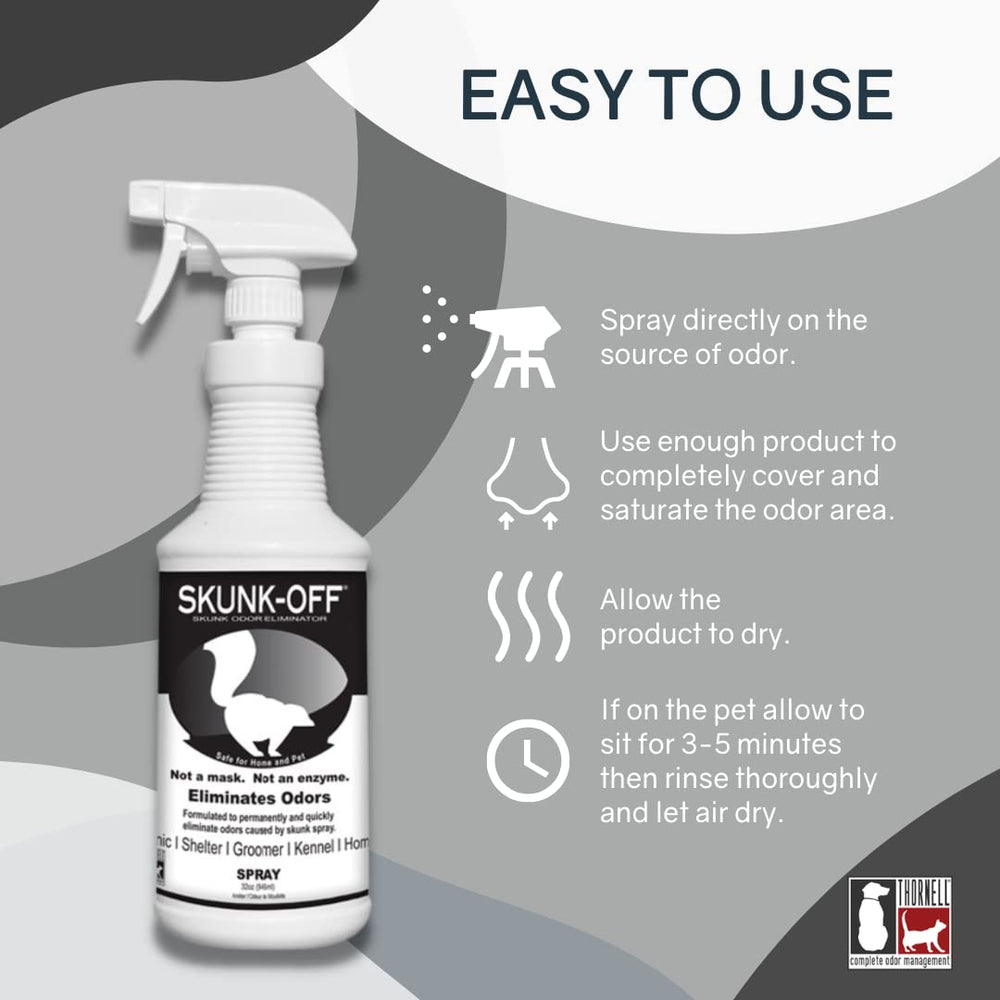 Odorcide Skunk Off pet spray application used directly on pets after a skunk encounter.