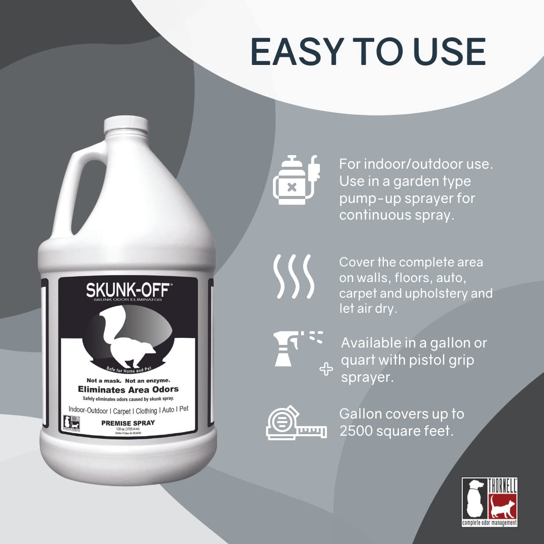 Odorcide Skunk Off spray in action shows versatile application indoors and outdoors.