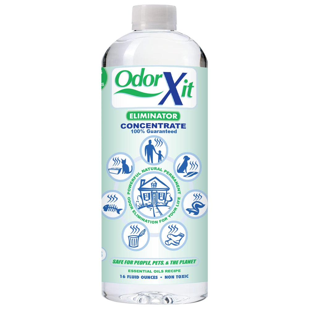 OdorXit bottle with concentrated odor eliminator tackling tough pet smells.
