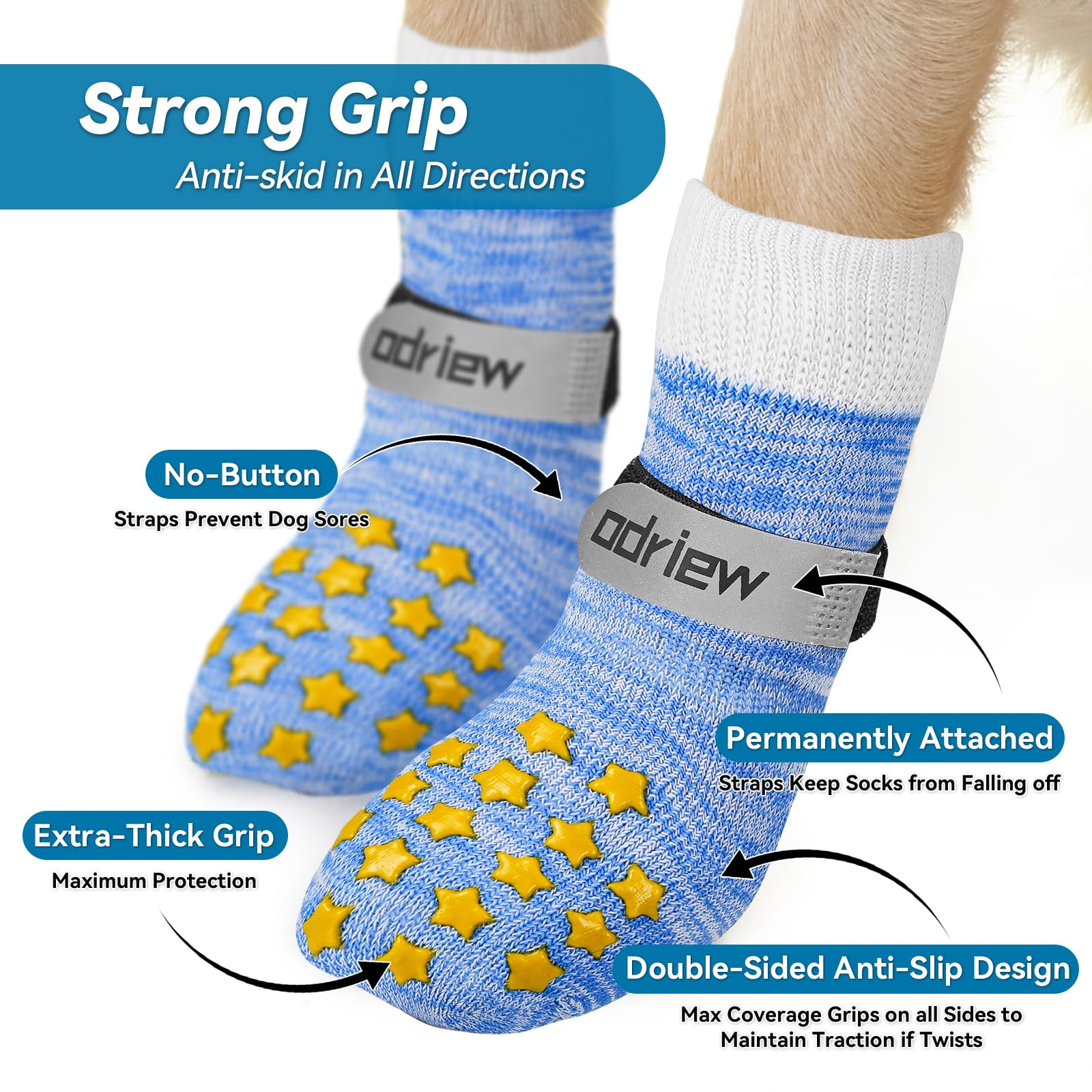 ODRIEW dog socks with adjustable reflective strap for night safety.