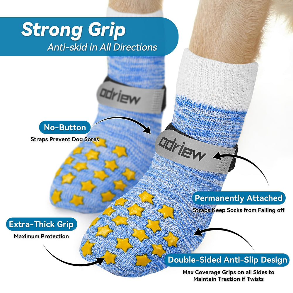 ODRIEW dog socks with adjustable reflective strap for night safety.
