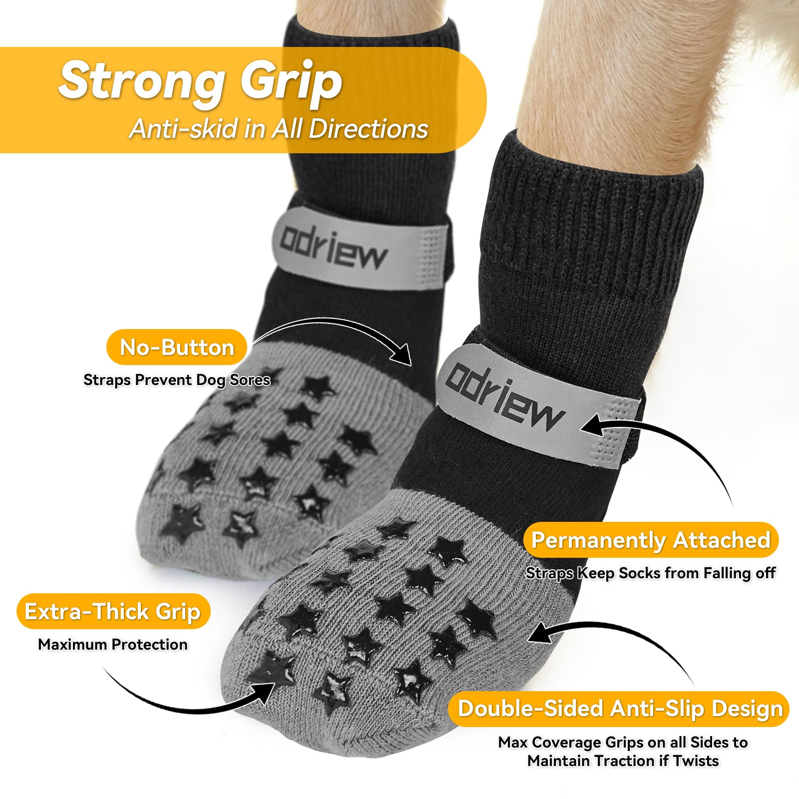 ODRIEW paw socks grip pads close-up with breathable fabric for comfort