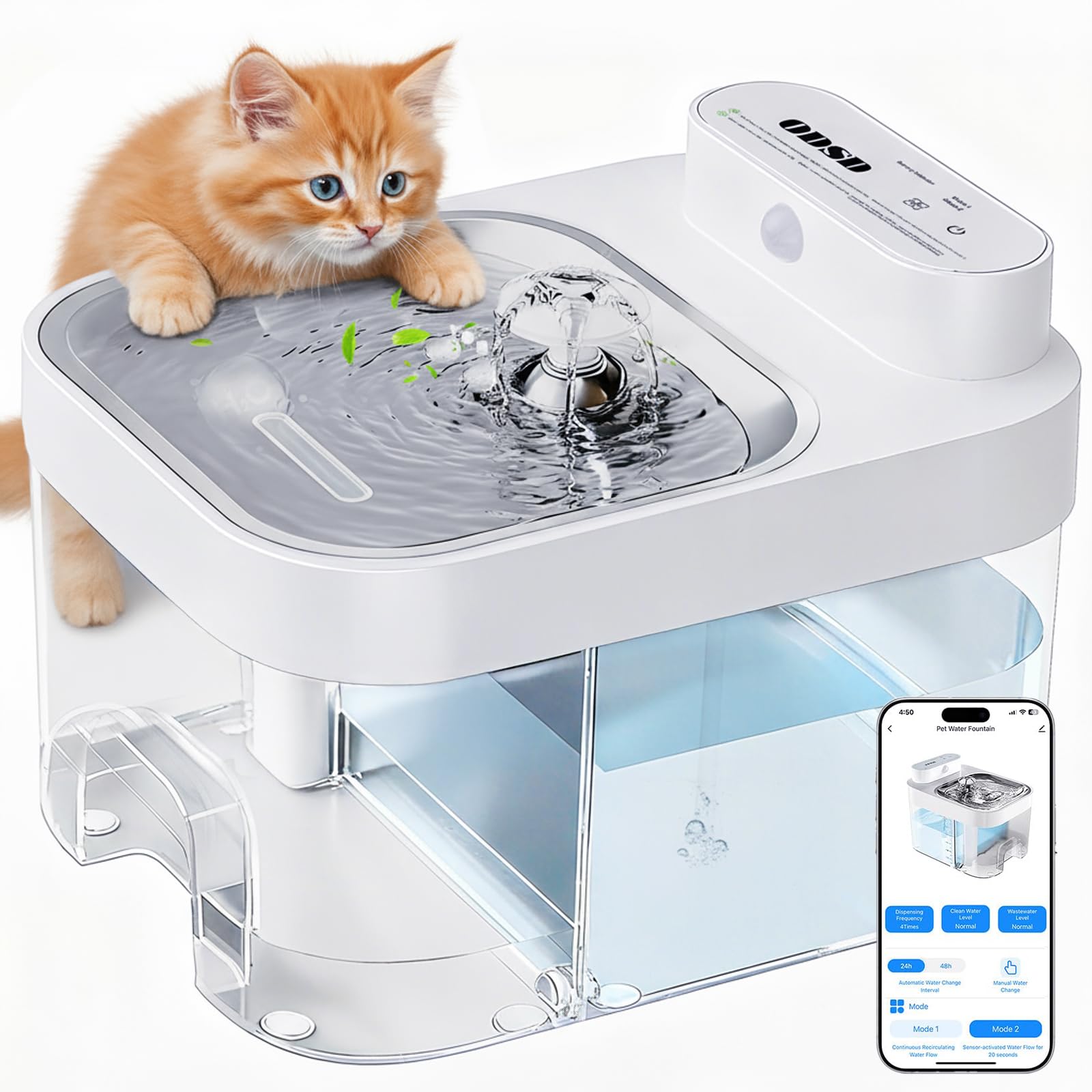 ODSD cat water fountain front view showing stainless steel body for quiet hydration.