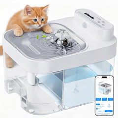 ODSD cat water fountain front view showing stainless steel body for quiet hydration.
