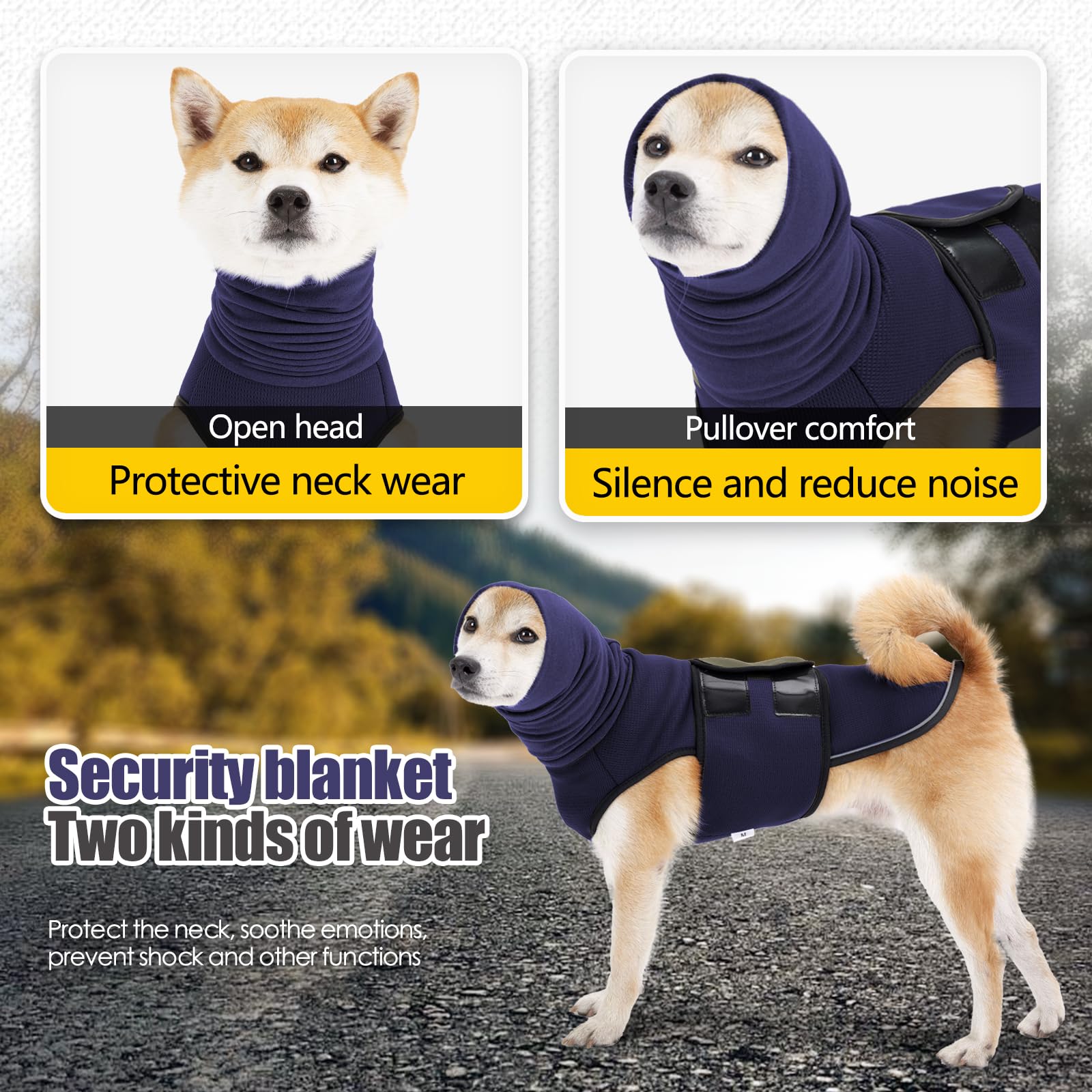 ODSSTAIPS Dog Anxiety Vest hood detail blue shows quiet ear cover feature.