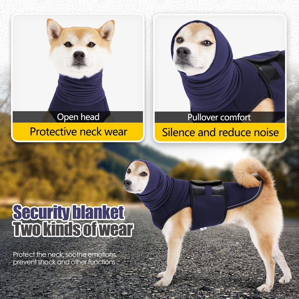 ODSSTAIPS Dog Anxiety Vest hood detail blue shows quiet ear cover feature.