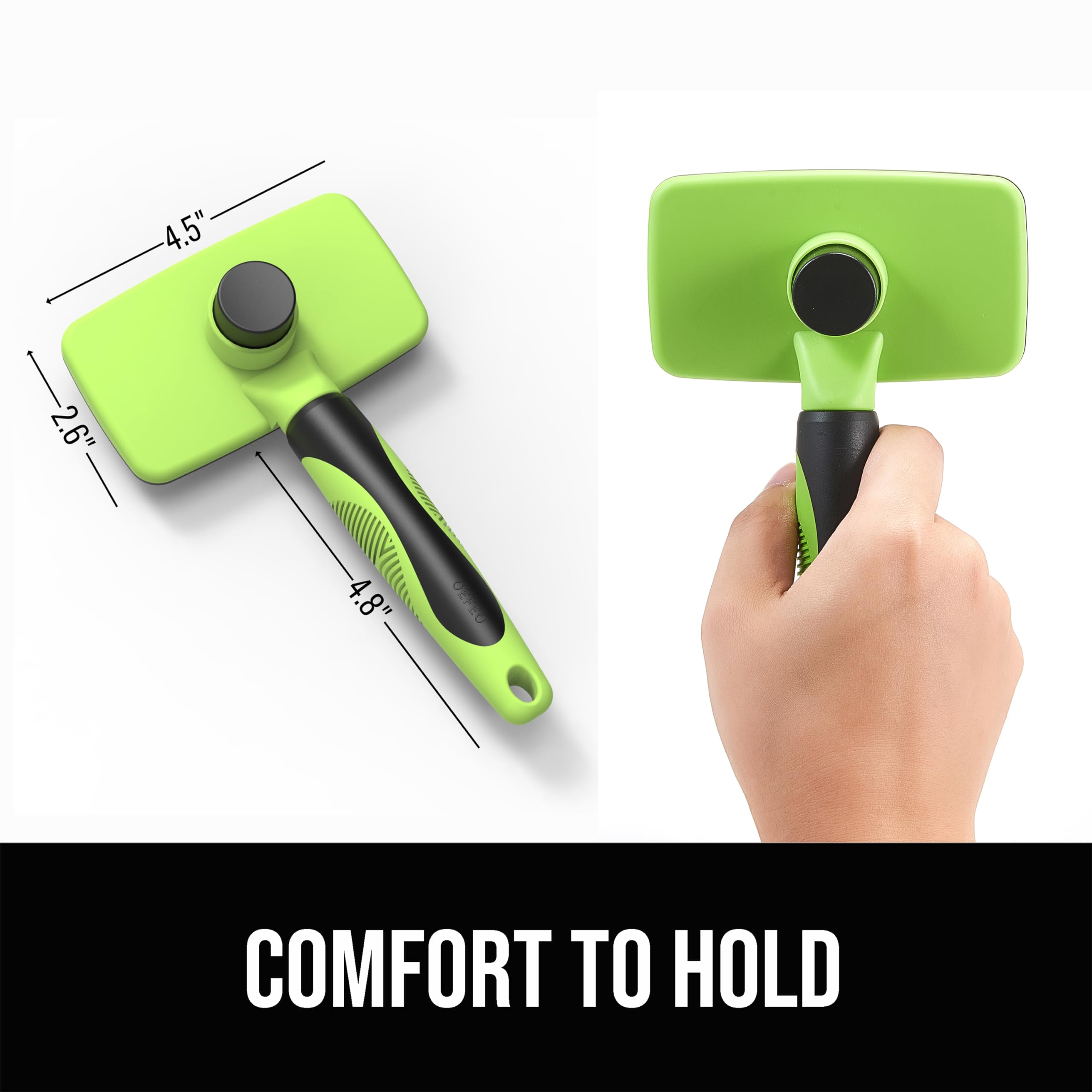OEFEO slicker brush bristles close-up shows soft tipped stainless steel for gentle grooming.