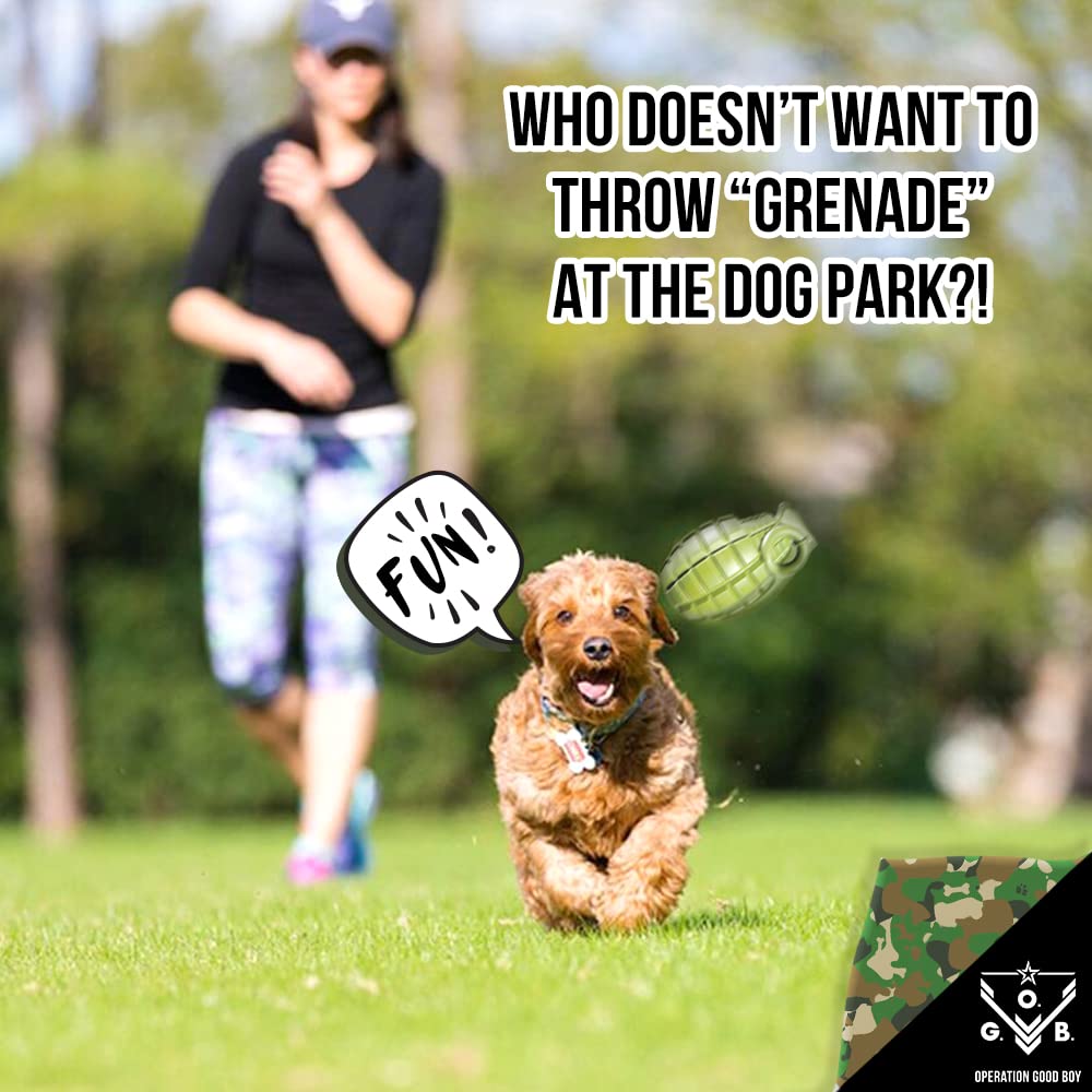 O.G.B. grenade dog toy heavy-duty rubber shell withstands aggressive chewers.