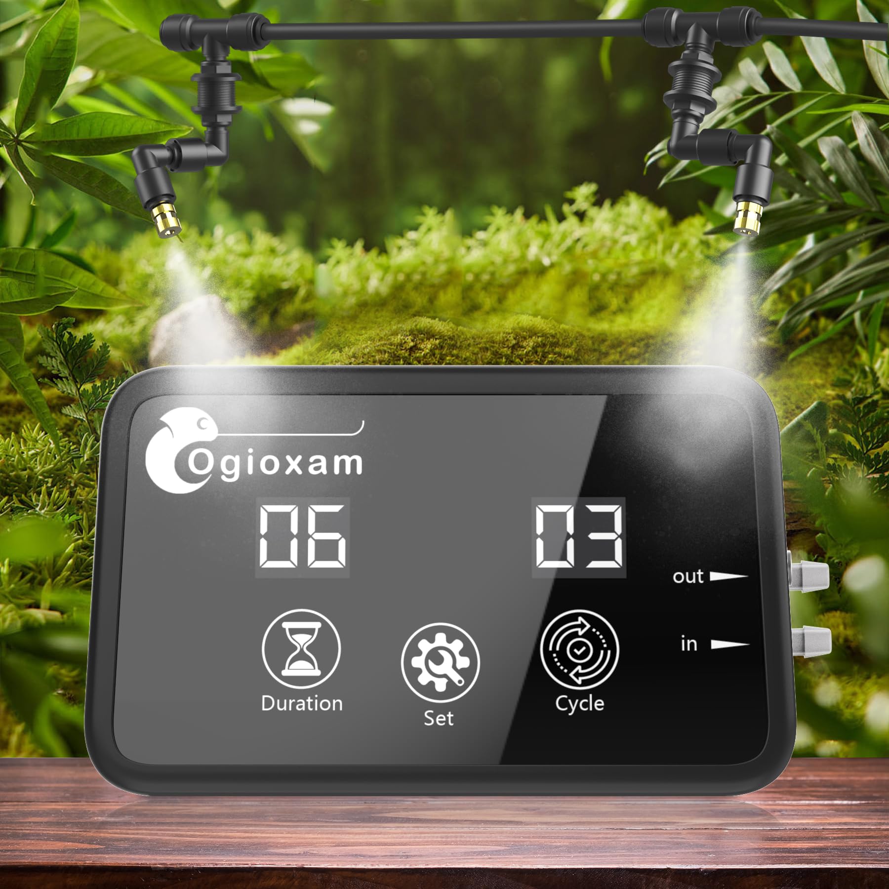 Ogioxam automatic reptile mister system front view illustrates compact, quiet operation for terrarium humidity.