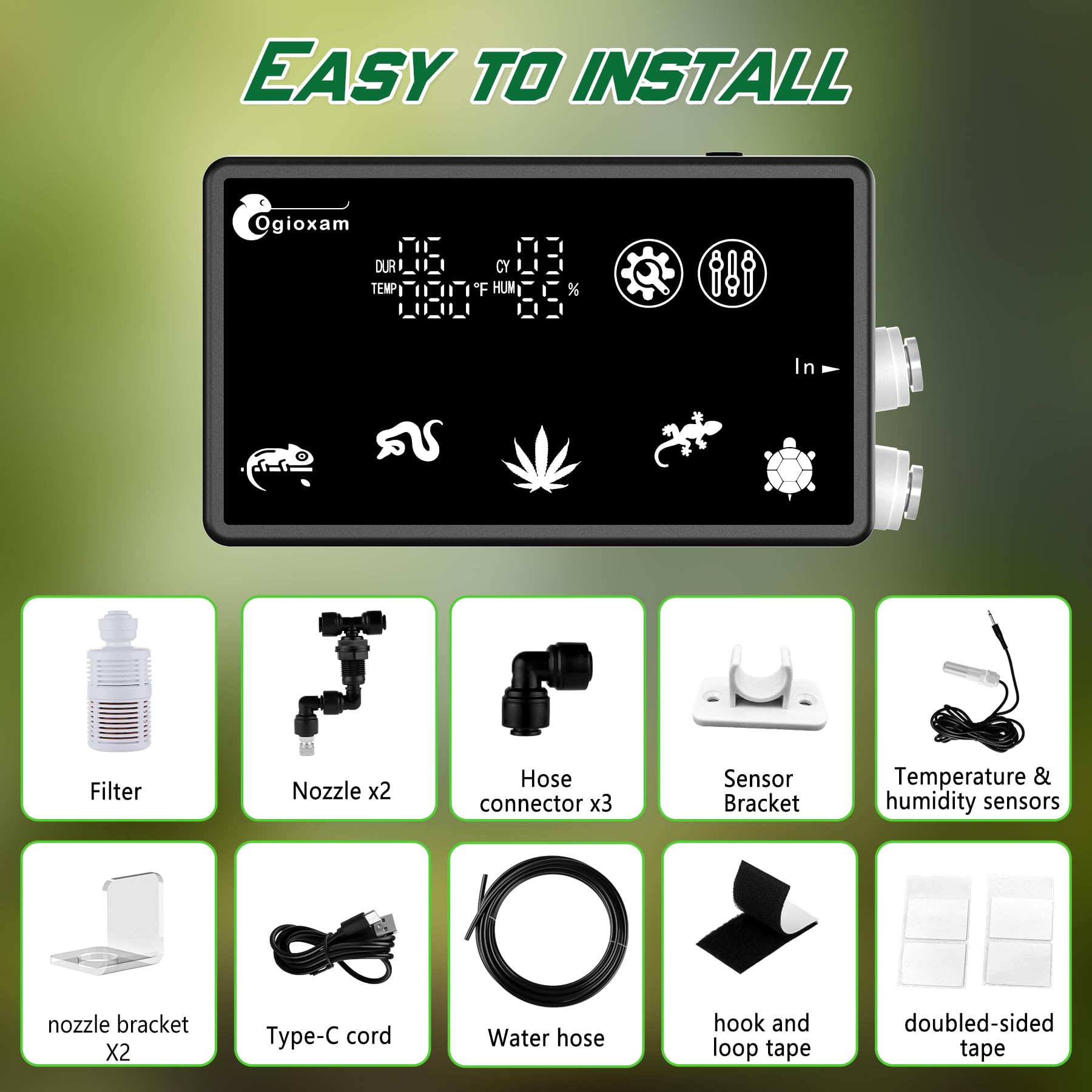 Ogioxam multi-use system image highlights misting, plant watering, and bathtime use.