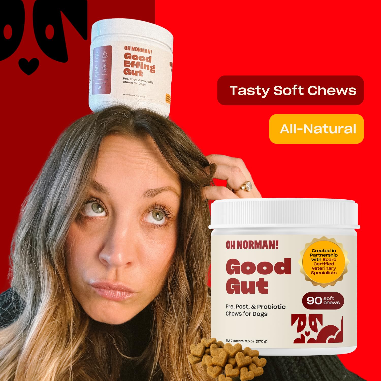 OH NORMAN! probiotic chews ingredient label shows pre pro postbiotics