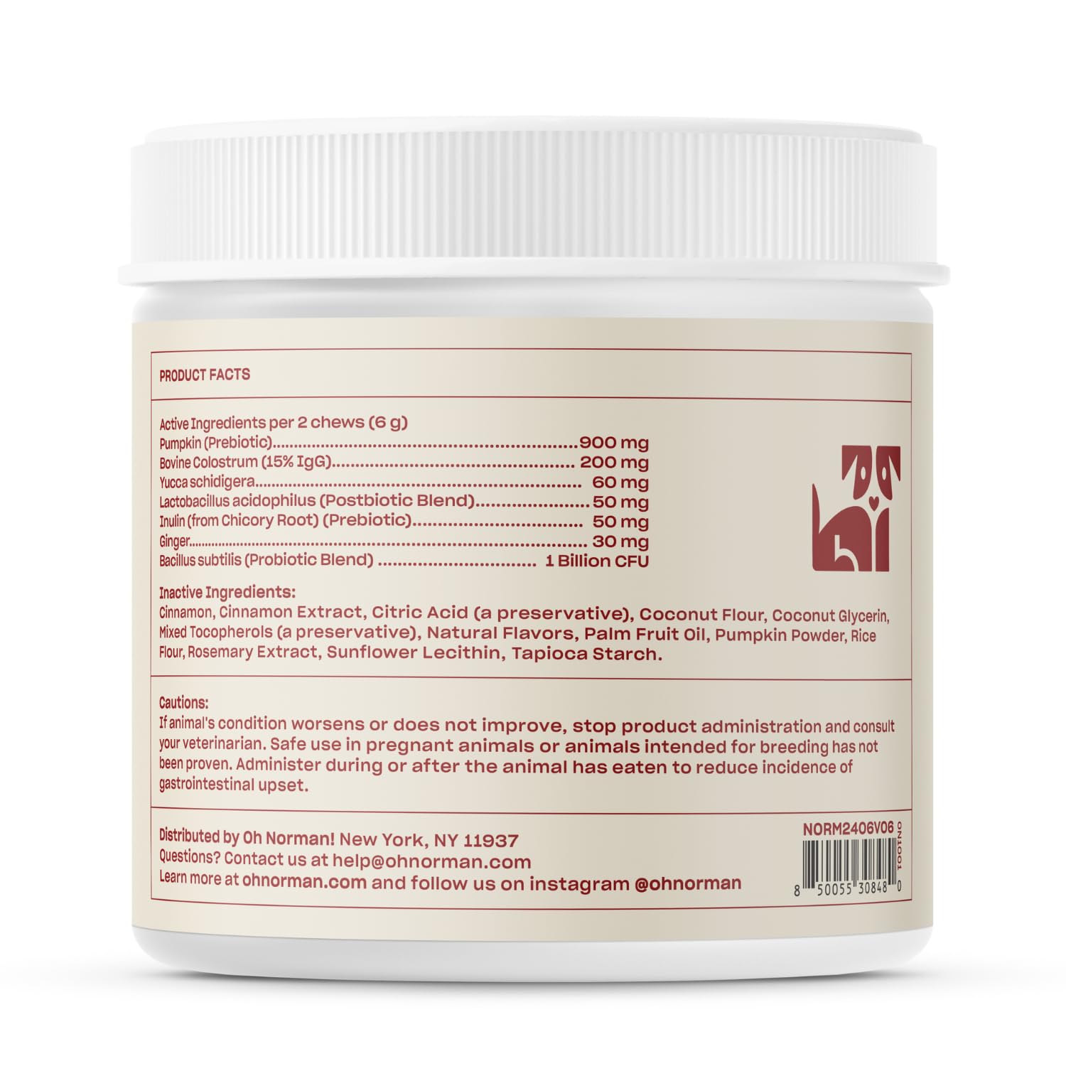 OH NORMAN! probiotic chews serving suggestion captured in treat-ready shot