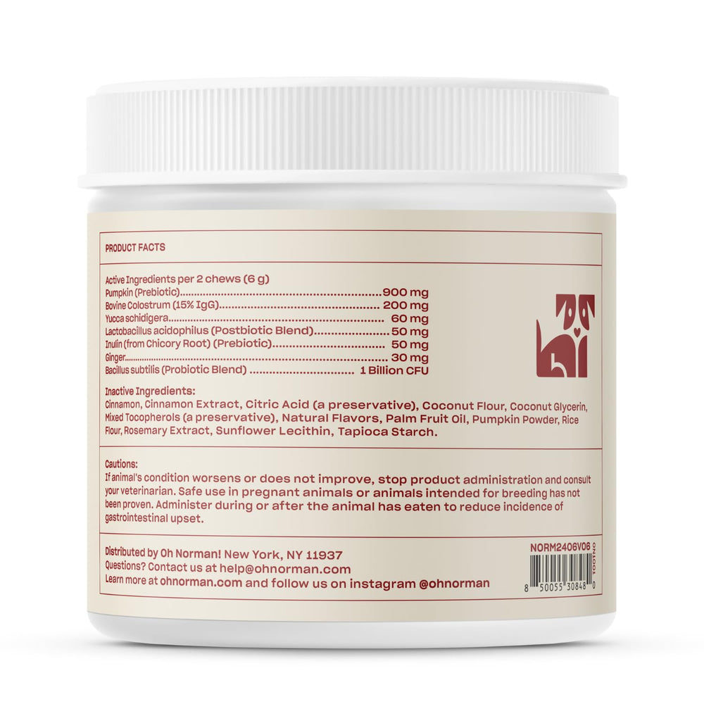 OH NORMAN! probiotic chews serving suggestion captured in treat-ready shot