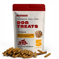 OH NORMAN! soft beef jerky packaging highlights ethically sourced, grain-free treats ideal for training rewards.