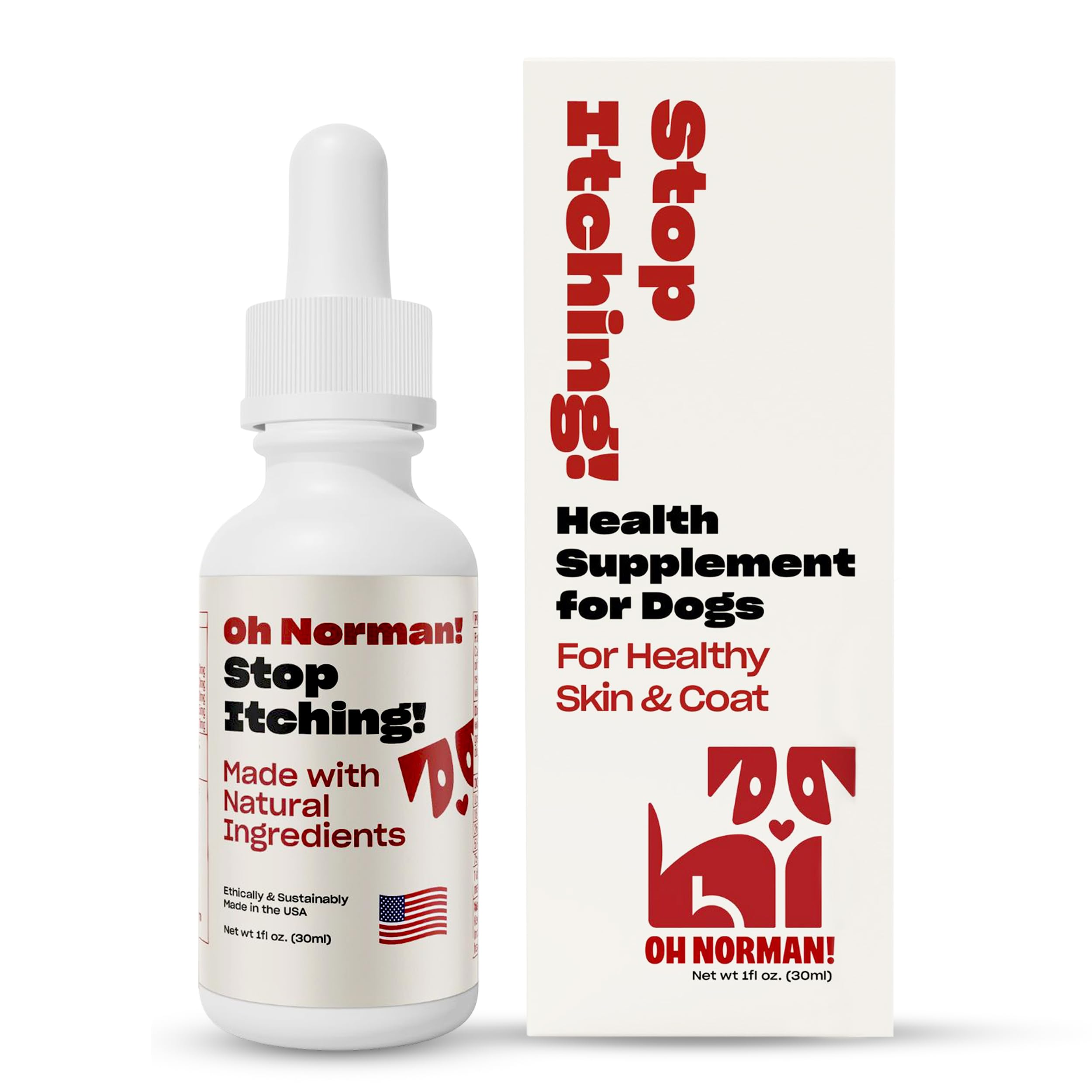 OH NORMAN! Stop Itching bottle-front shows label and hints at itch relief for dogs