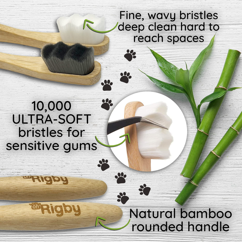OH RIGBY toothbrush shows biodegradable handle for eco-friendly pet care.