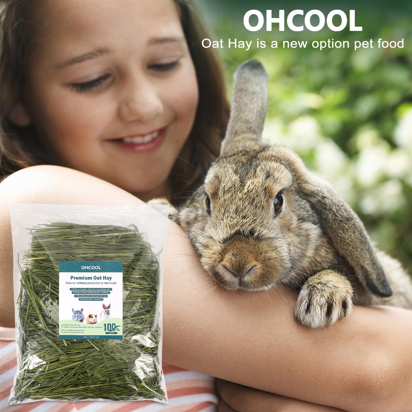 Ohcool Premium Oat Hay 1.1lb packaging maintains freshness for easy portioning.