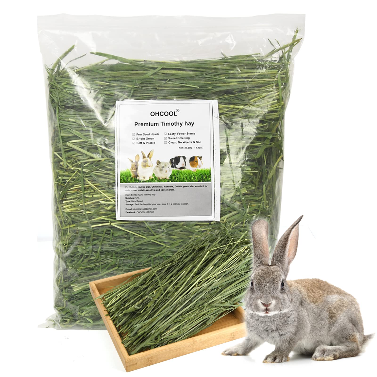 Ohcool Timothy Hay packaging shows fresh bundles for daily pet grazing