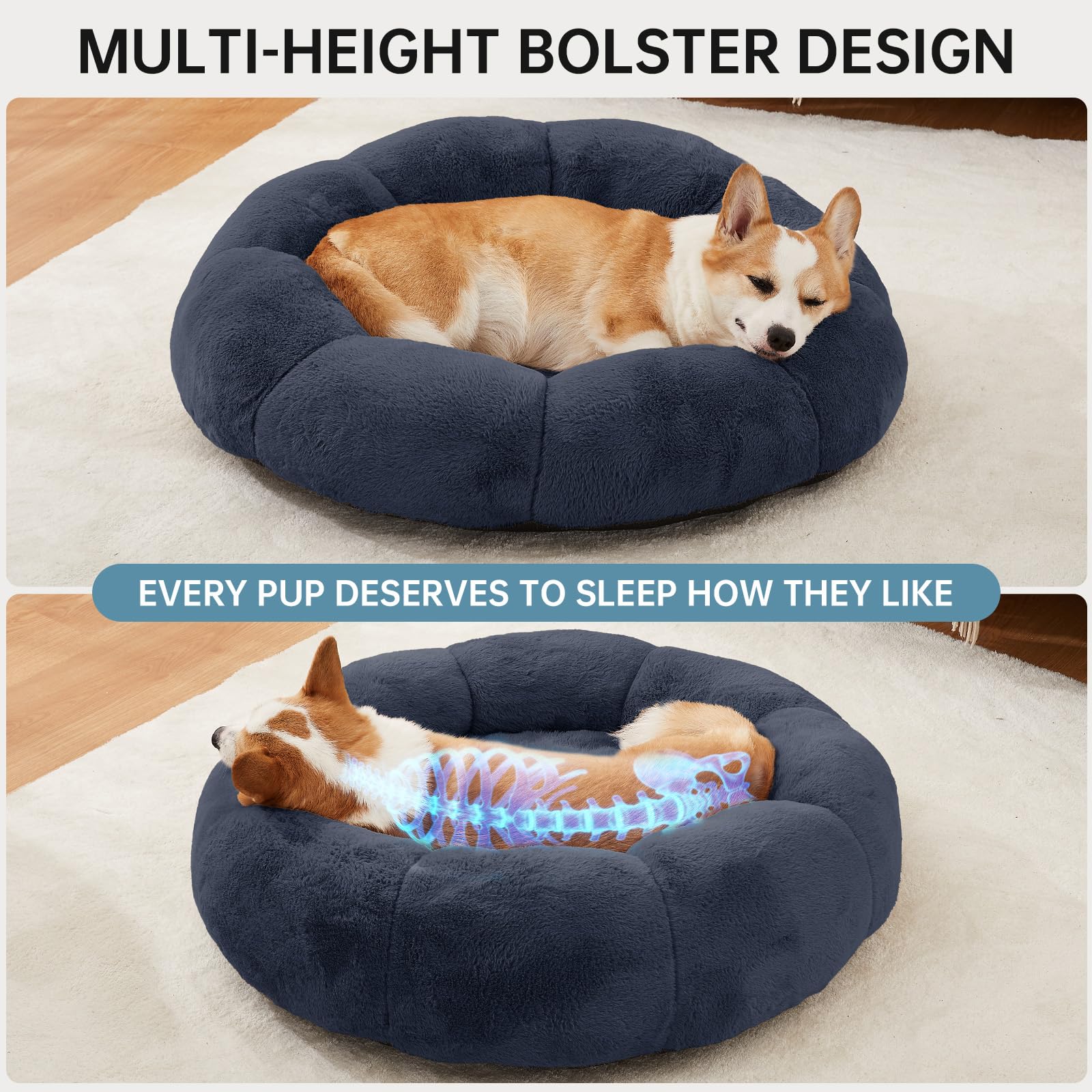 OhGeni bolster-detail blue bed features ergonomic height for neck relief and airway openness