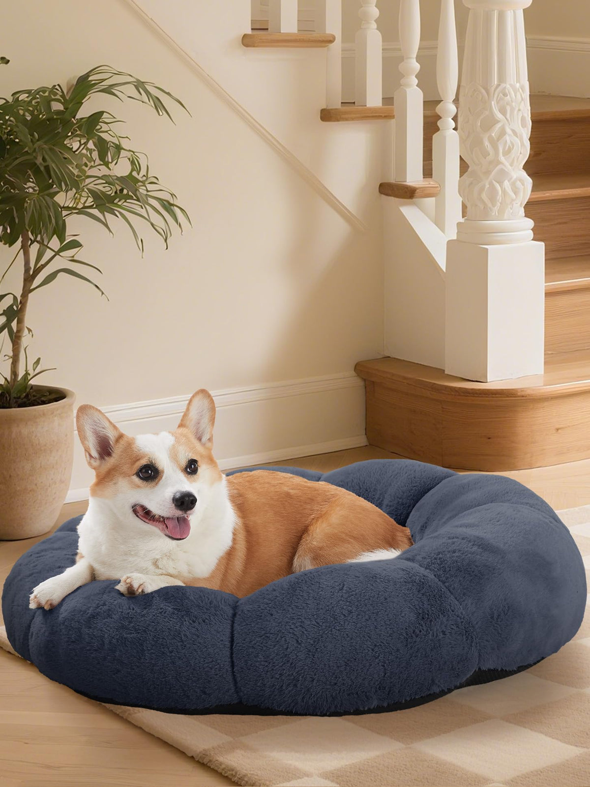 OhGeni 31in calming donut bed front view in blue supports joints with cozy warmth