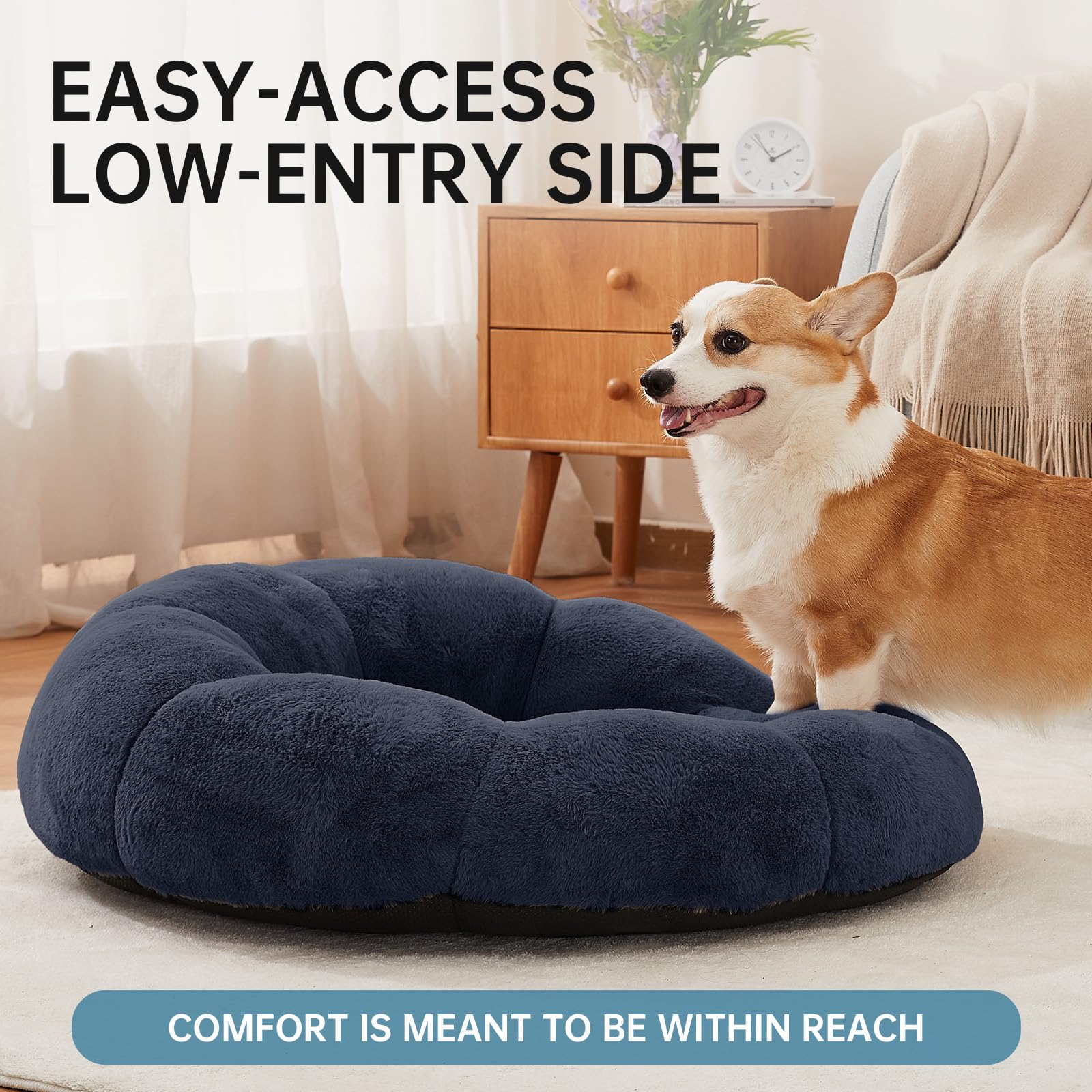 OhGeni 31in calming donut bed top view in blue shows circular lounging area