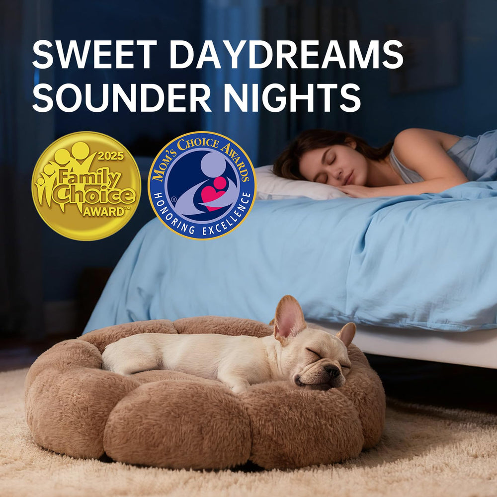 OhGeni Calming Donut Bed camel multi-height bolster showcases ergonomic design.