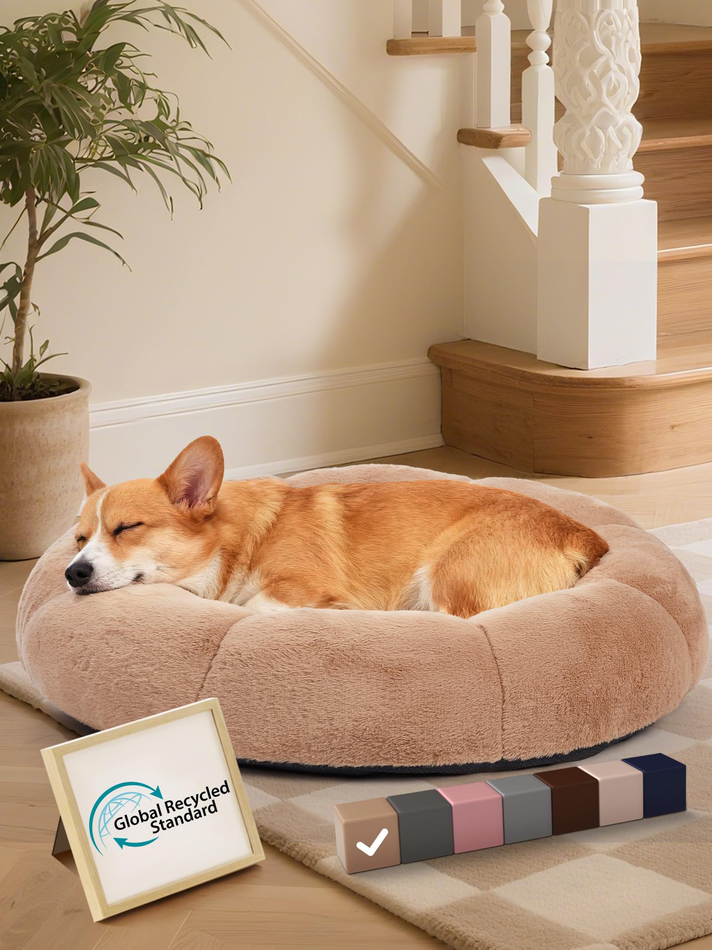 OhGeni Calming Donut Bed camel front view shows cozy plush exterior.