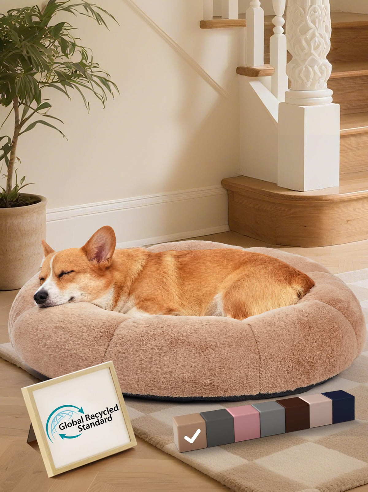 OhGeni Calming Donut Bed camel front view shows cozy plush exterior.