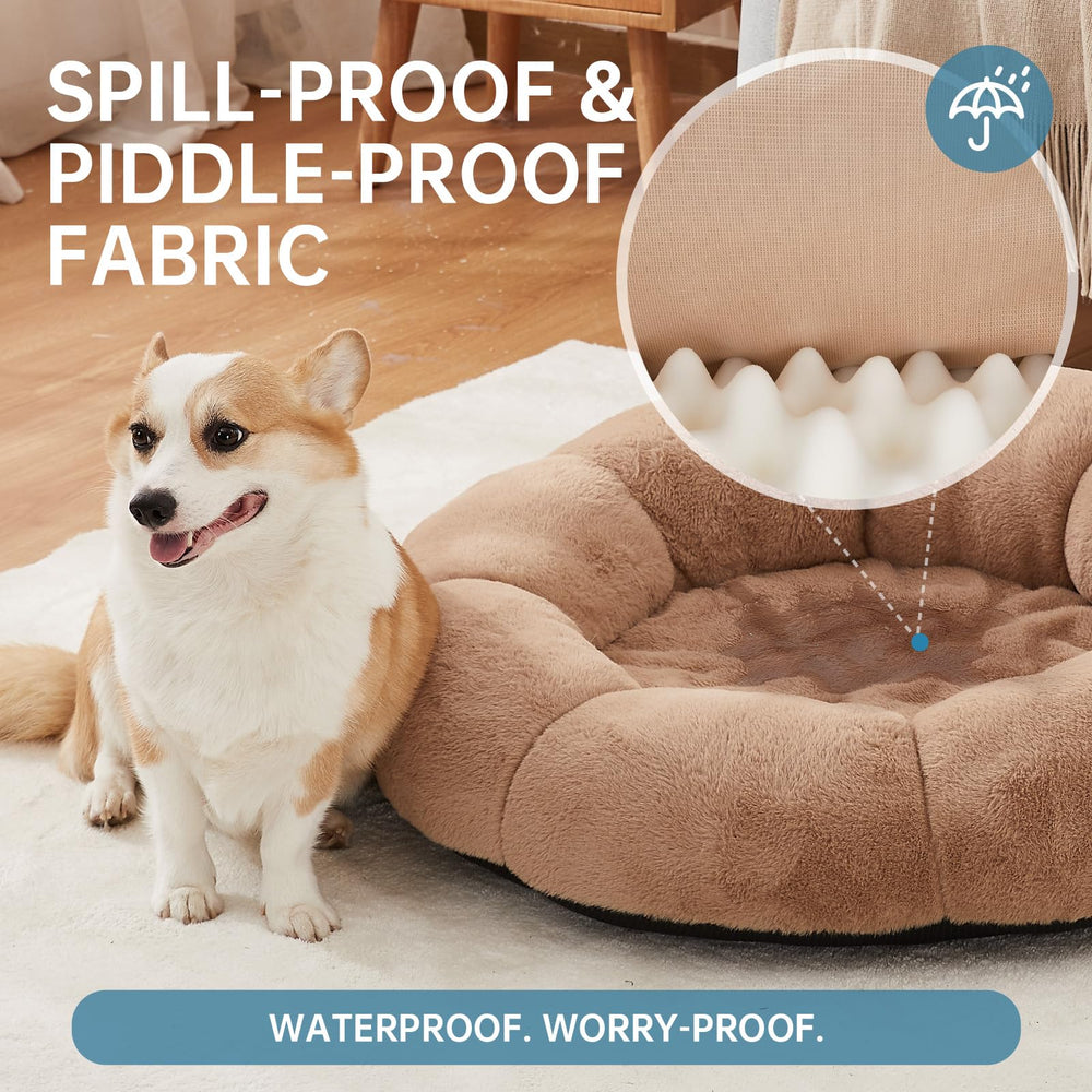 OhGeni Calming Donut Bed camel pet lounging for cozy warmth and security.