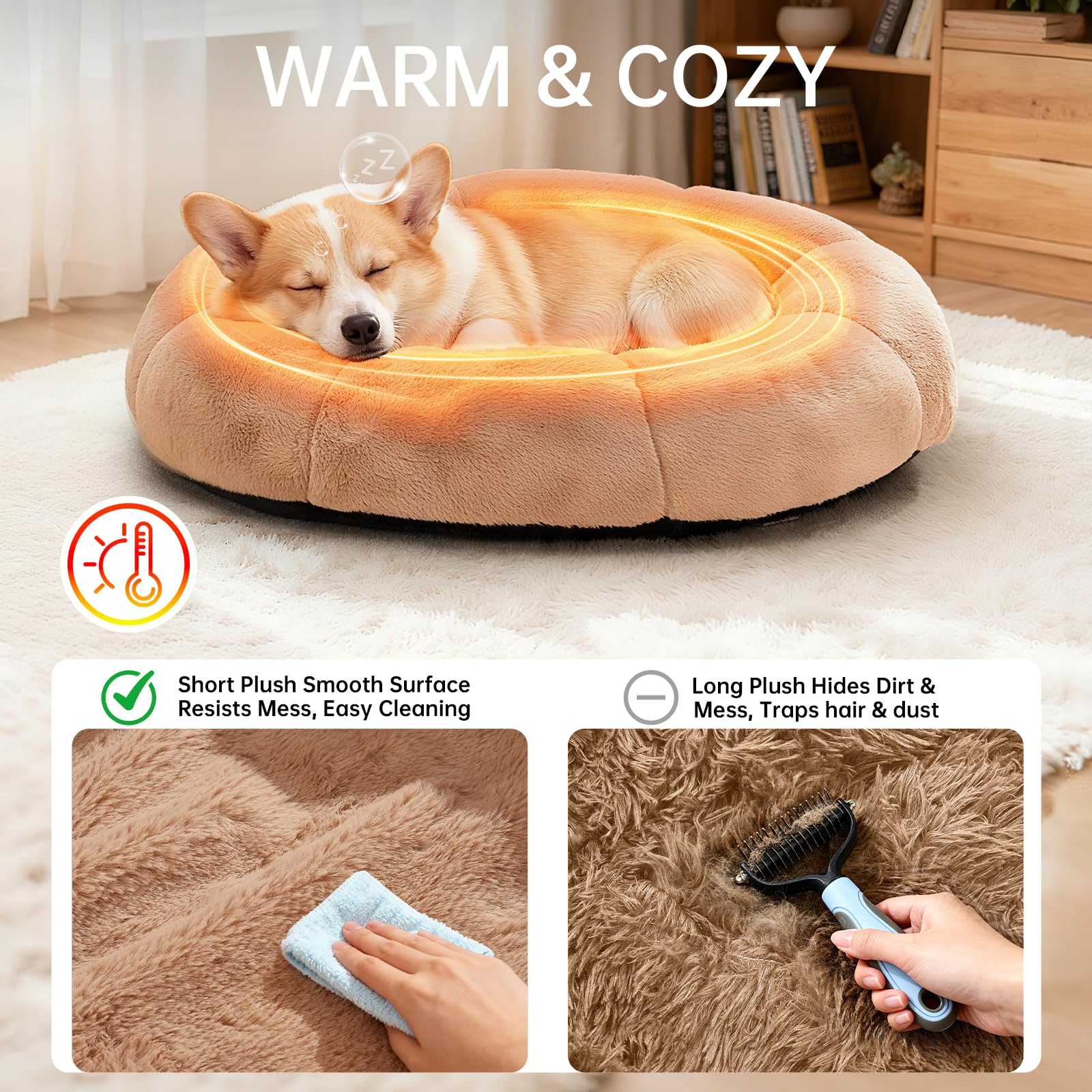 OhGeni Calming Donut Bed camel side angle highlights diagonal bolster and spacious sleeping area.
