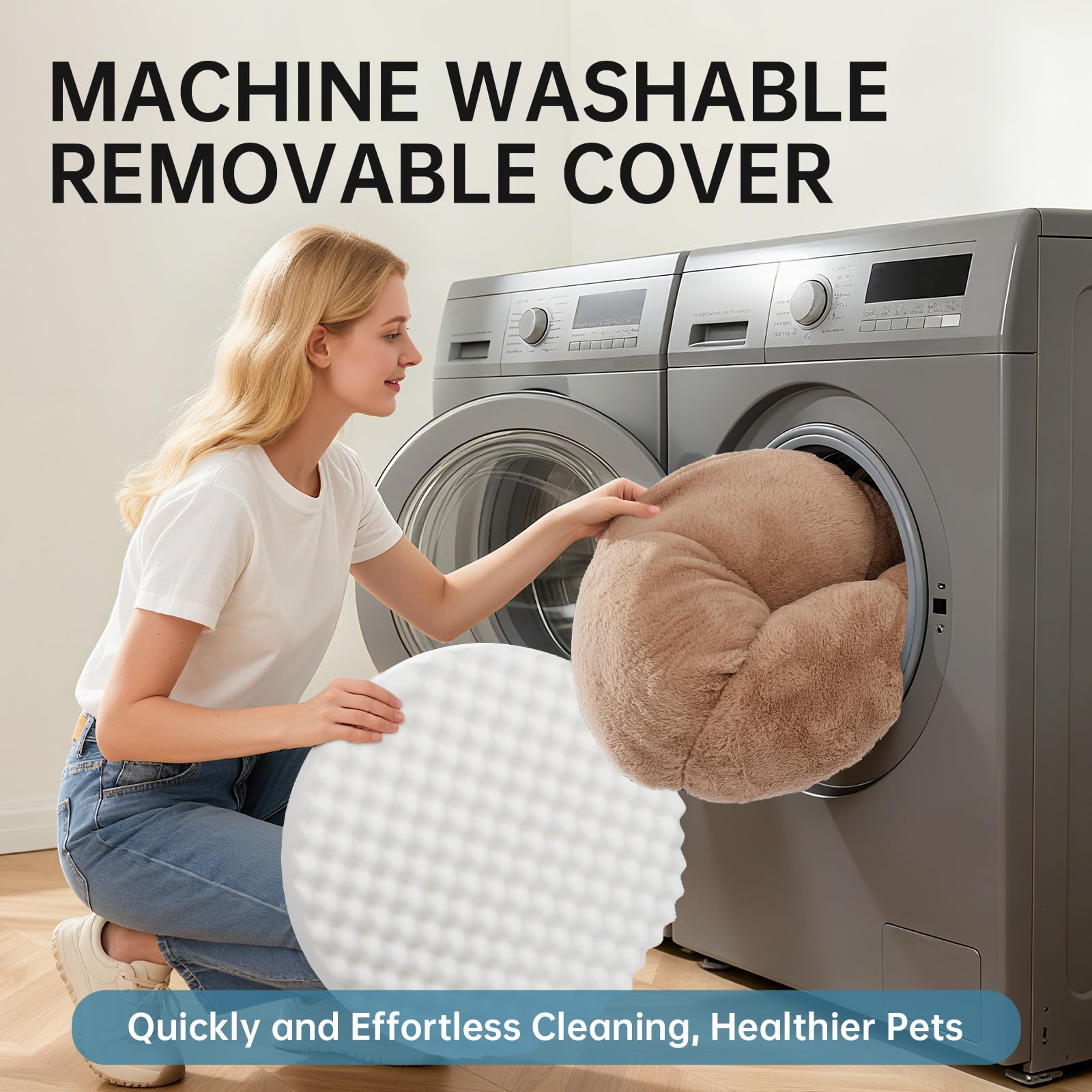 OhGeni Calming Donut Bed camel waterproof cover detail highlights leak protection.