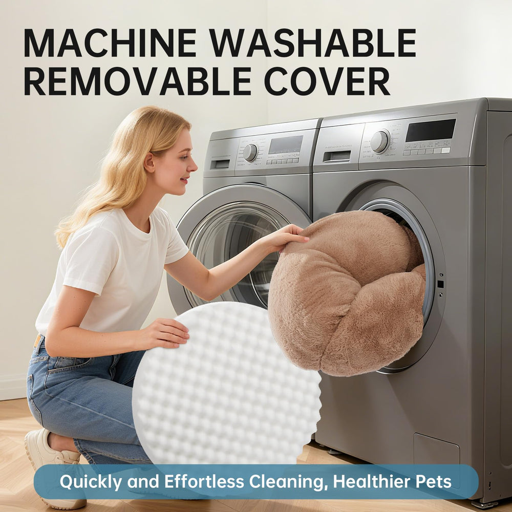 OhGeni Calming Donut Bed camel waterproof cover detail highlights leak protection.