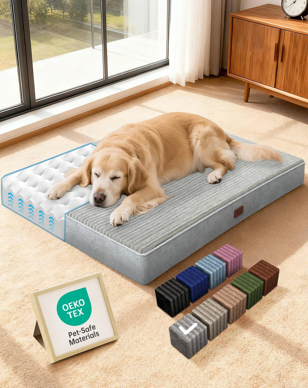 OhGeni dog bed gray cover close-up shows durable zipper for easy cleaning.