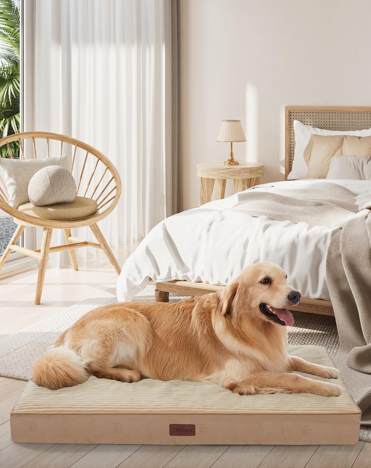 OhGeni Orthopedic Dog Bed 41in Khaki front view with non-slip bottom for crate stability.