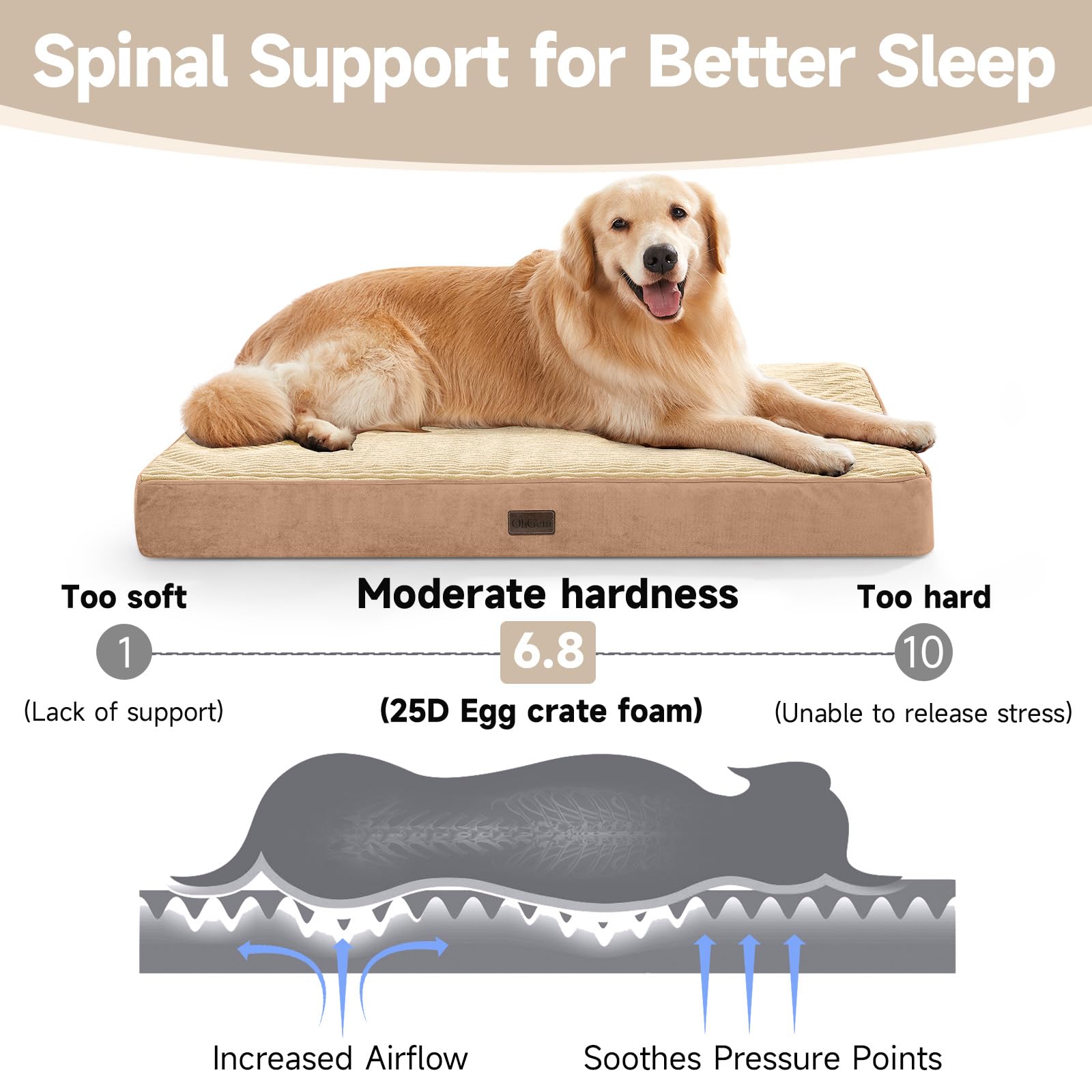 OhGeni Orthopedic Dog Bed foam detail 25D reveals egg-crate support across the surface.