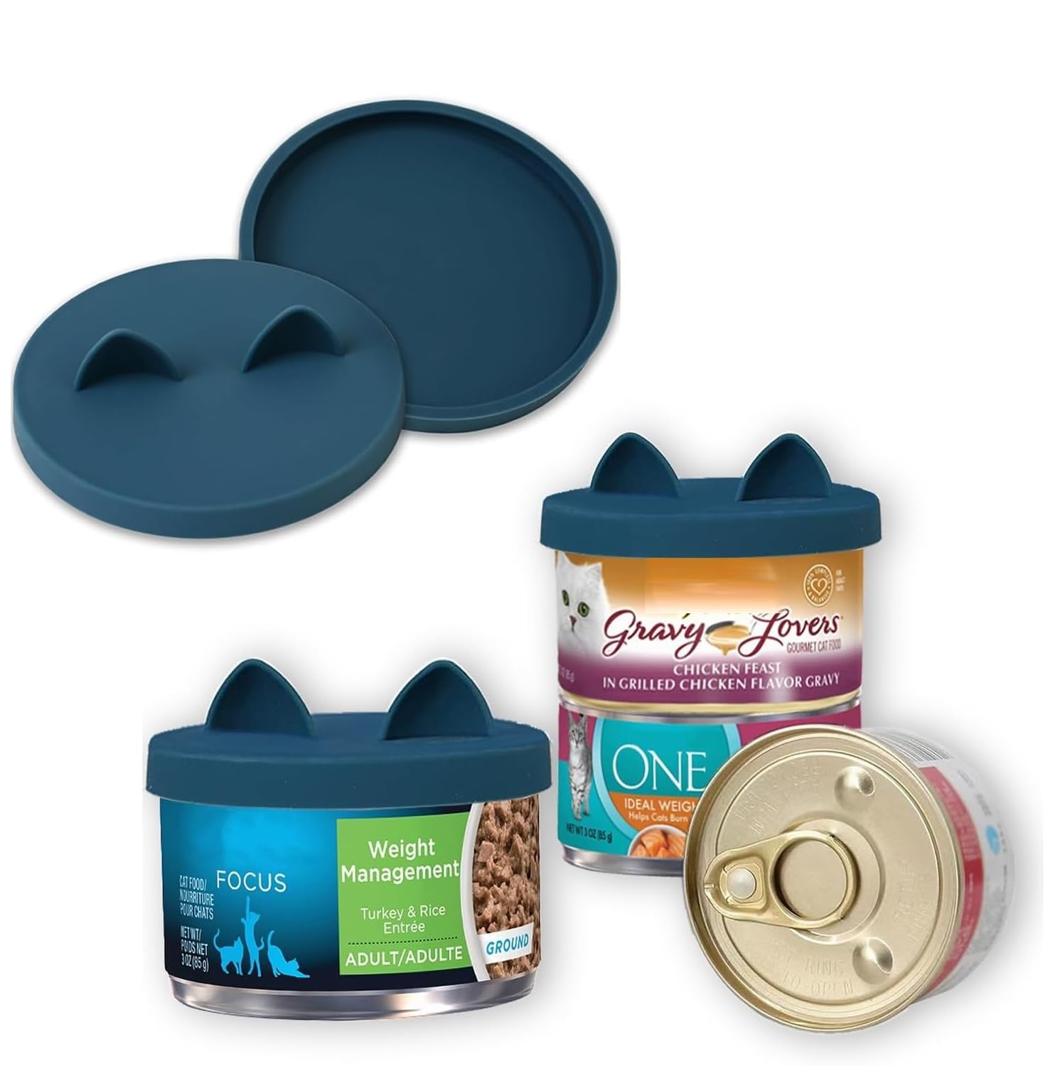 OHMO 2-pack cat food can lids in dark blue for secure storage.