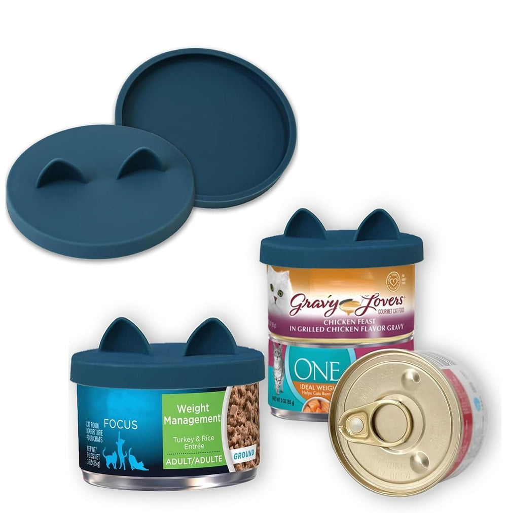 OHMO 2-pack cat food can lids in dark blue for secure storage.